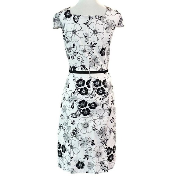 Tahari Cap Sleeve Square Neck White-Black Stencil Floral Cotton Dress Size 10 - Picture 4 of 8